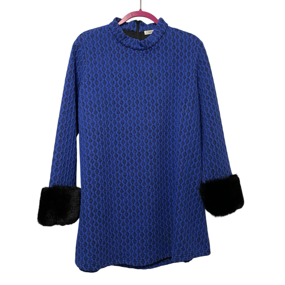 Tyler Boe Royal Blue Midi Dress with Black Fur Cuffs Beautiful